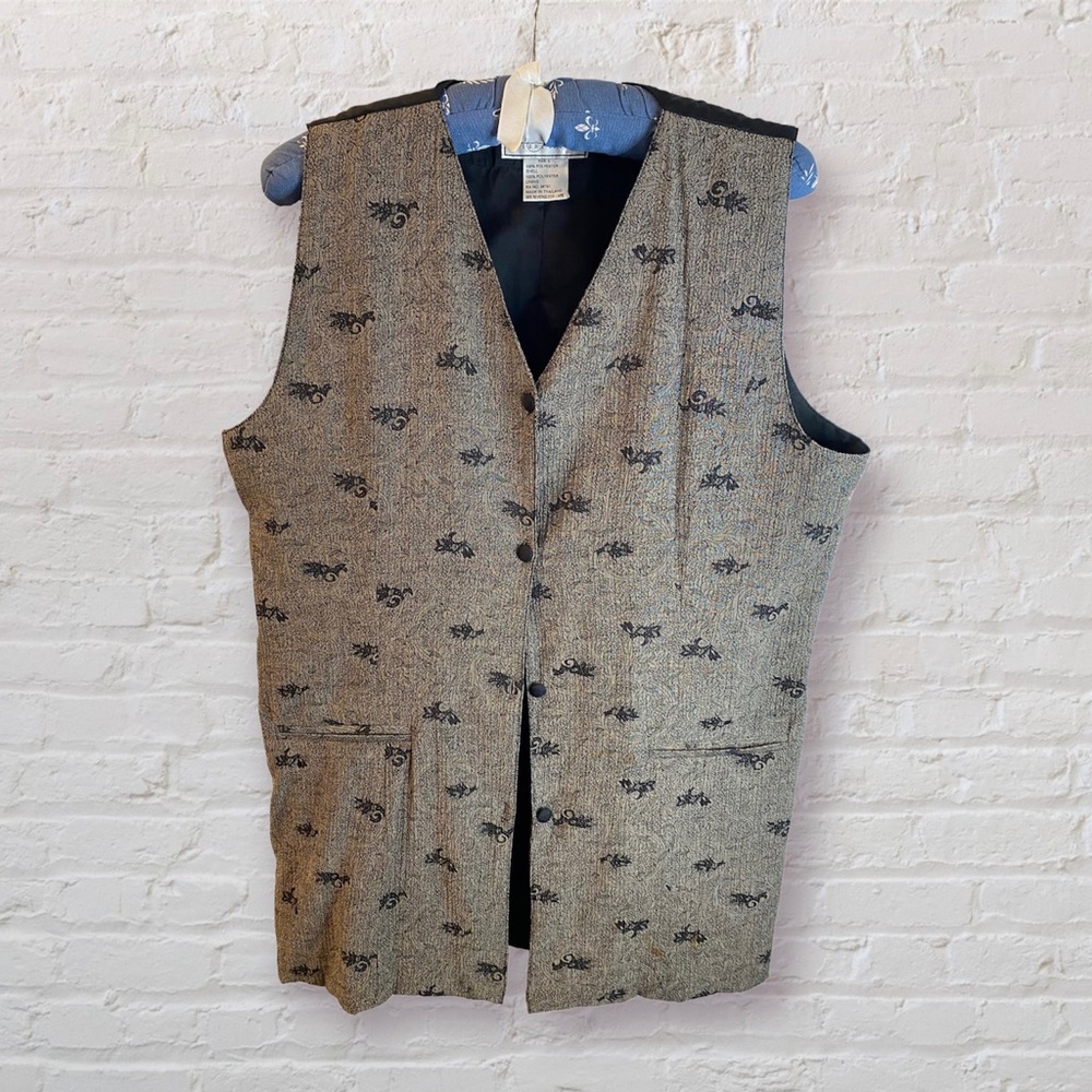 •2/$25• VTG 80s/90s Long Button-Down Gray & Black Paisley Vest